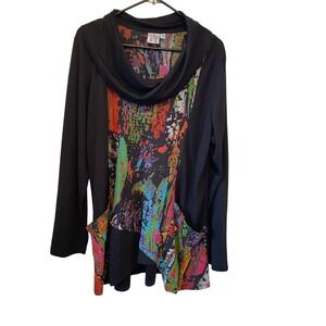 Parsley & Sage Size 1X Art to Wear Print Asym Hem Cowl Neck Pocket Tunic Top